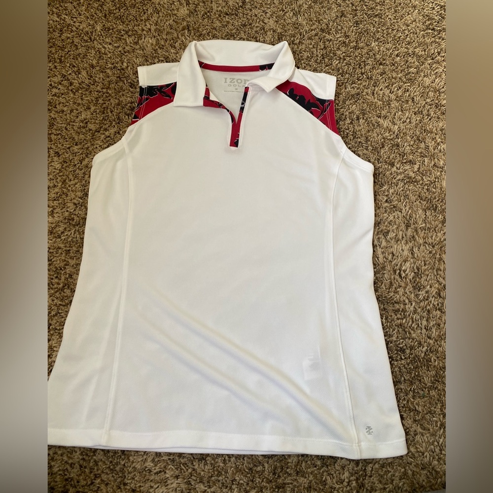 Izod Golf Womens Sleeveless White and Red Polo Shirt-size medium